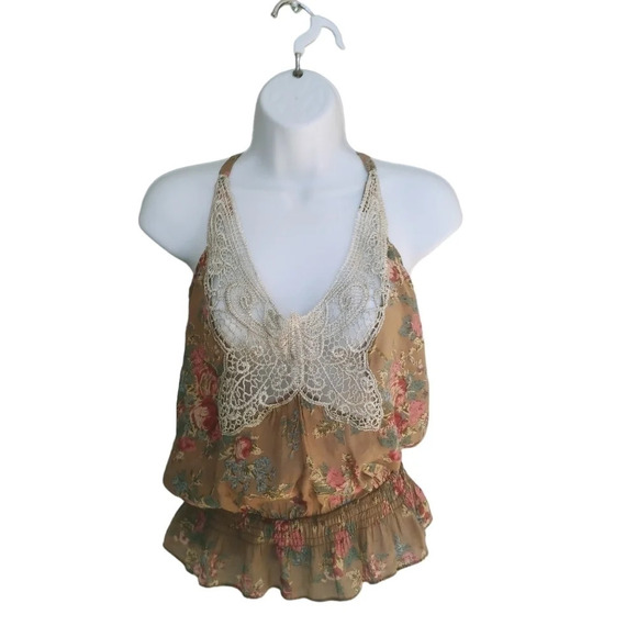 Butterfly Embroidered Halter Top Blouse Tan Floral S - Picture 1 of 7